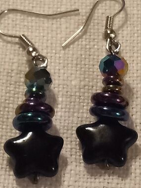 Handmade Black Star Dangle Earrings with Iridescent Beads